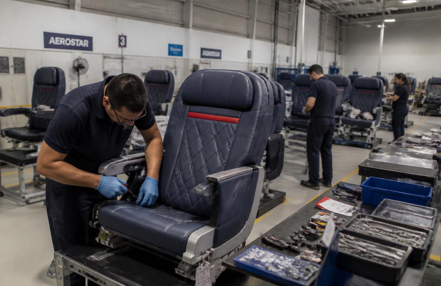 Technicians refurbishing aircraft seats in an MRO workshop